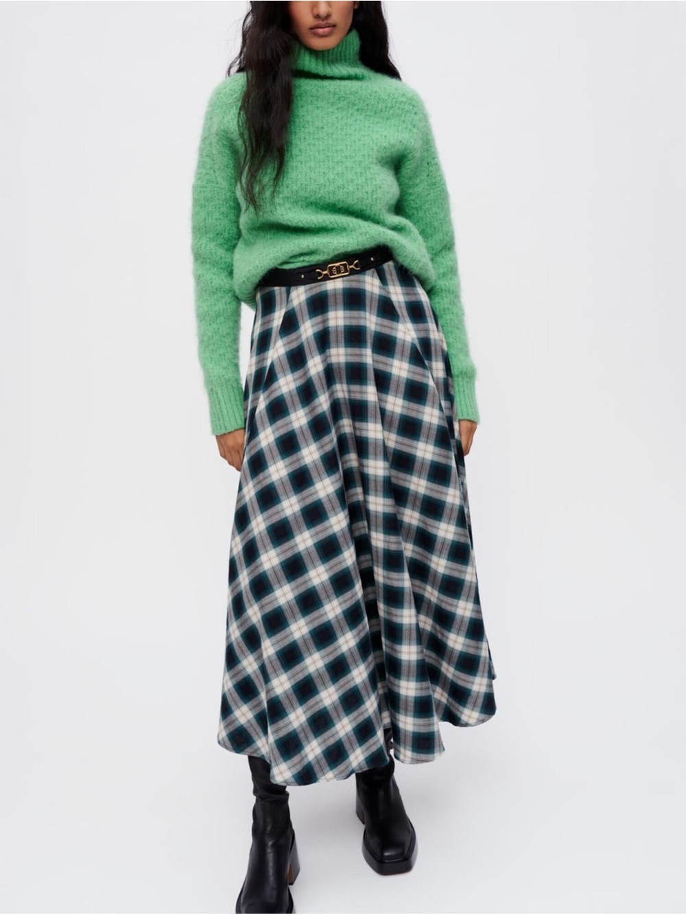 Maje Green Plaid Cotton Maxi Skirt FR 36
